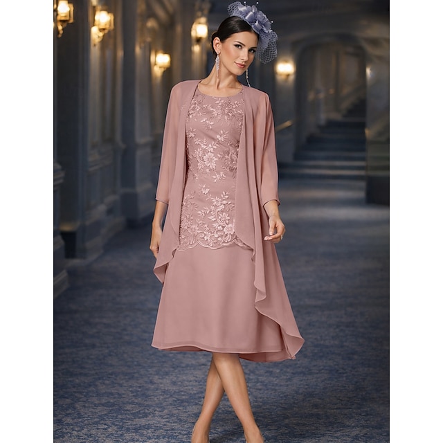 Half Sleeve Wedding Guest Outfit 2-Piece Mother Of The Bride Dress With Jacket – Tea Length Chiffon Formal Evening Gown With Lace-Up Back
