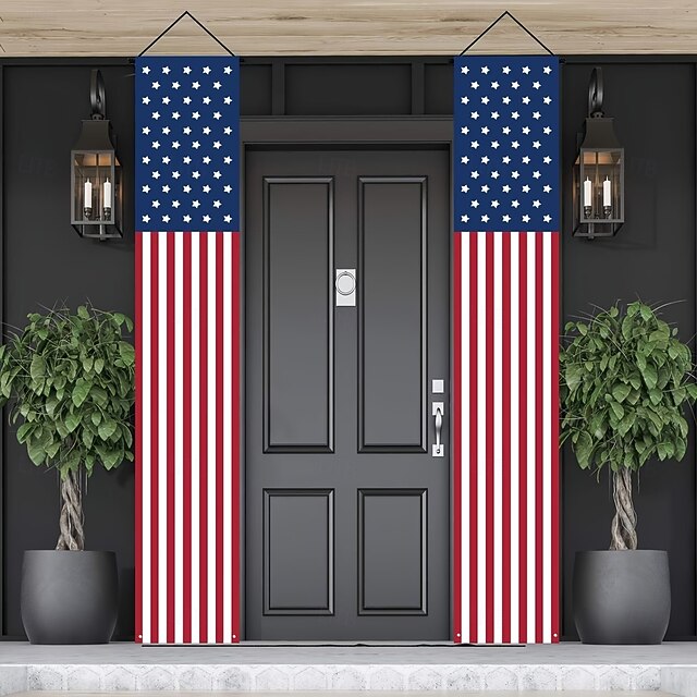 1 Pair Patriotic American Flag Porch Banner, 4th of July Outdoor ...