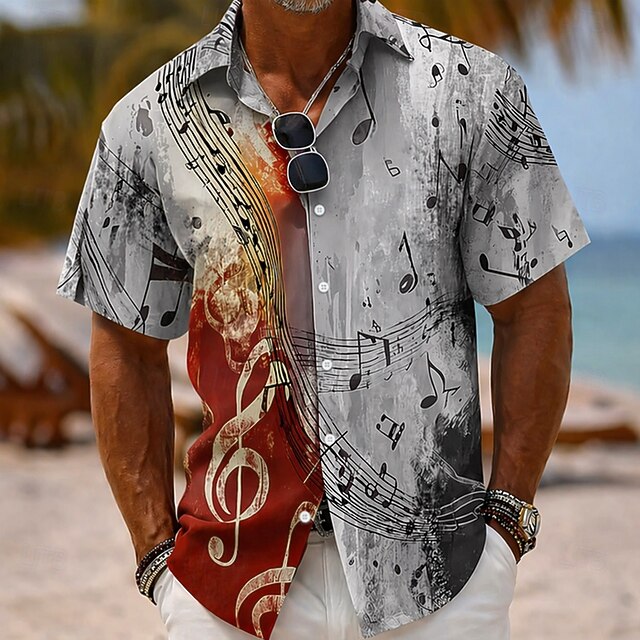 Men's Colorful Musical Notes Shirt Button Up Shirt Short Sleeve Vintage ...