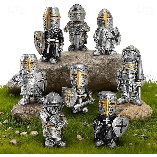  Lot de 8 nains de jardin chevaliers décoratifs, sculptures médiévales amusantes, statues de gardes militaires, décoration extérieure pour jardin ou pelouse, en résine, cadeau pour la fête des pères