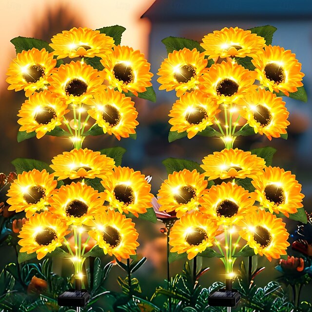 4 Pcs Solar Powered Waterproof 6-Head Sunflower Stake Lights, LED ...