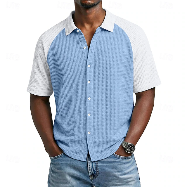 Men's Shirt Waffle Shirt Texture Casual Shirt Button Up Shirt Light ...