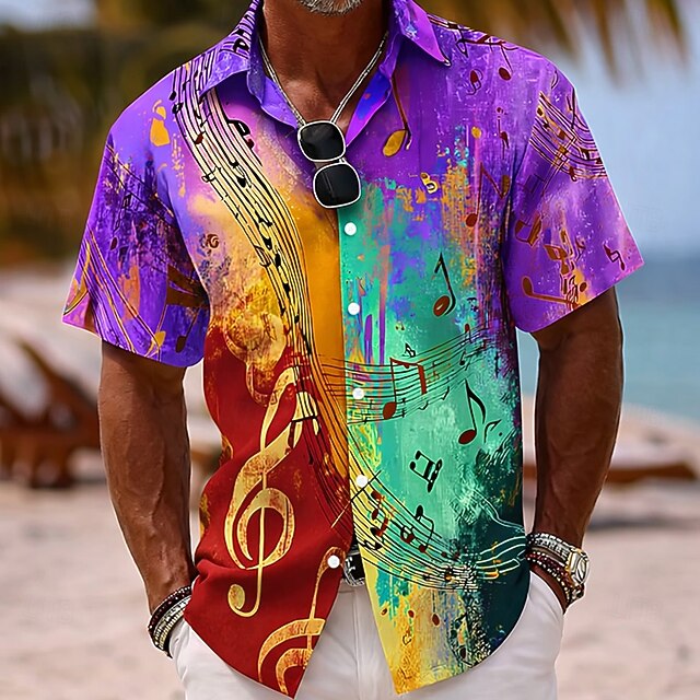 Men's Colorful Musical Notes Shirt Button Up Shirt Short Sleeve Vintage ...