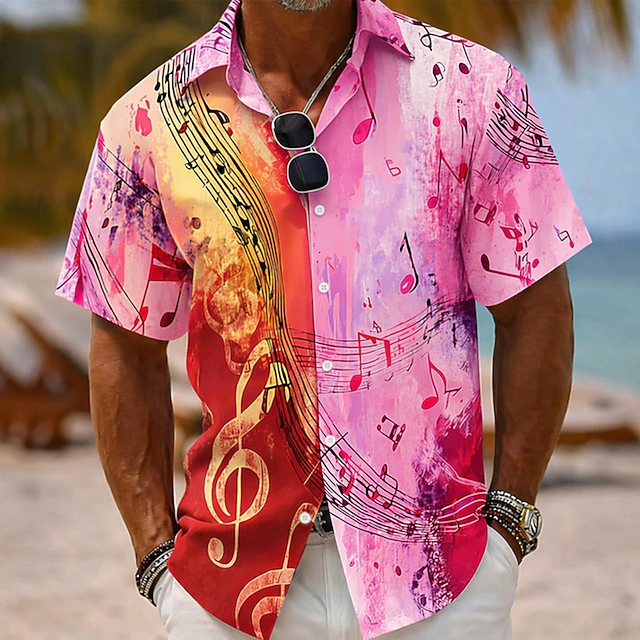 Men's Colorful Musical Notes Shirt Button Up Shirt Short Sleeve Vintage ...