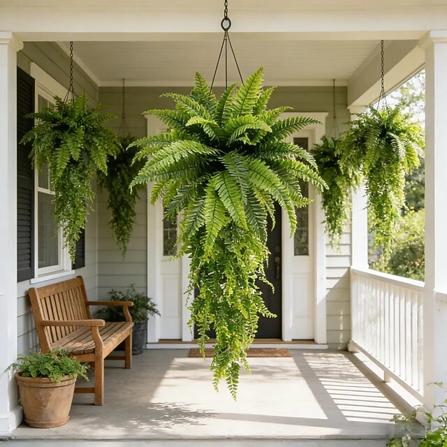Artificial Boston Fern Feel Real Hanging Plants Set, UV Resistant ...