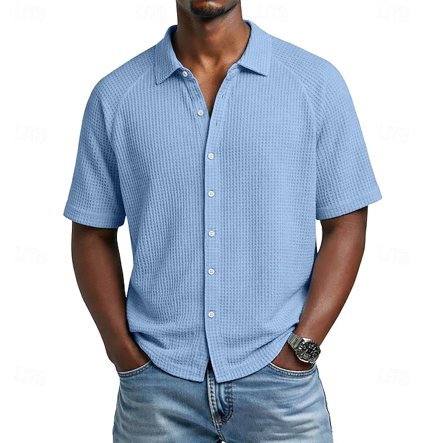 Men's Shirt Waffle Shirt Texture Casual Shirt Button Up Shirt Light ...