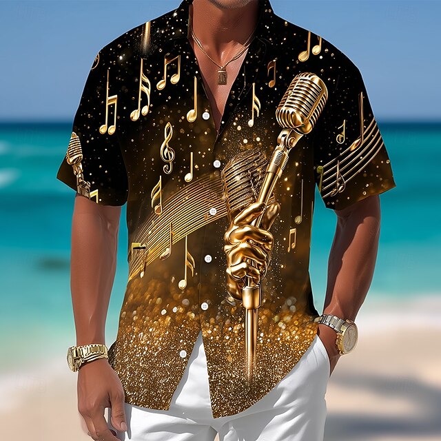 Men's Microphone Gradient Color Musical Instrument Shirt Summer Shirt ...
