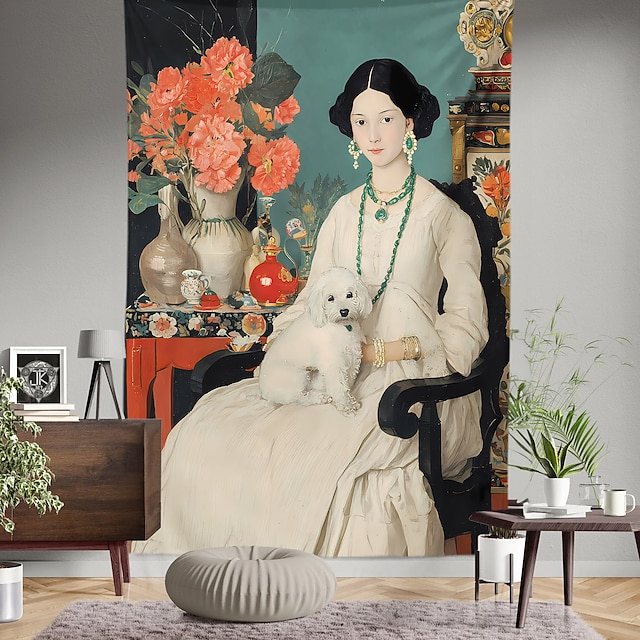 Vintage Victorian Lady with White Dog Wall Tapestry Elegant Woman in ...