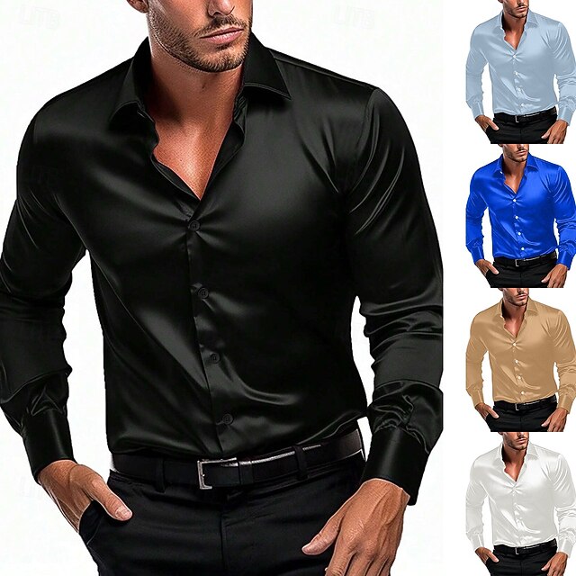  男性用 シャツ サテンシャツ カジュアルシャツ ボタンアップシャツ 平織り 日常 バケーション ブラック ホワイト ワイン ネイビーブルー 長袖 ラペル 春 & 秋 衣類