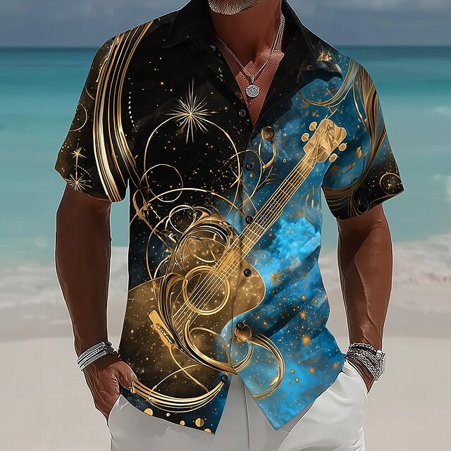 Men's Gradient Color Guitar Musical Instrument Shirt Summer Shirt ...