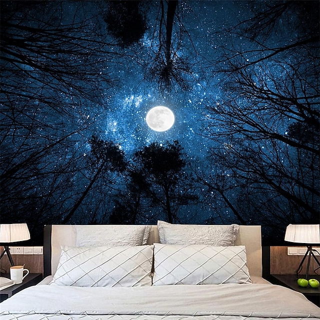 Night Forest Full Moon Starry Sky Galaxy Wall Tapestry Tree Silhouettes ...