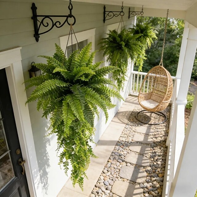 Artificial Boston Fern Feel Real Hanging Plants Set, UV Resistant ...