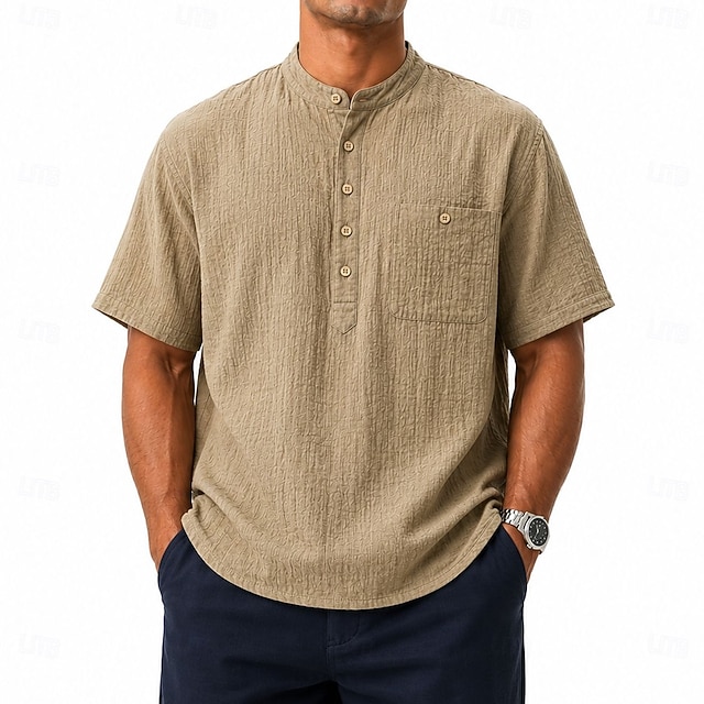Men's Henley Top Short Sleeve Solid Vacation Vintage Casual Daily ...