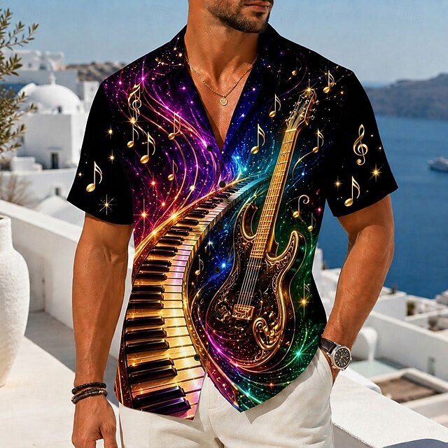 Men's Music Guitar Musical Instrument Shirt Button Up Shirt Camp Collar ...
