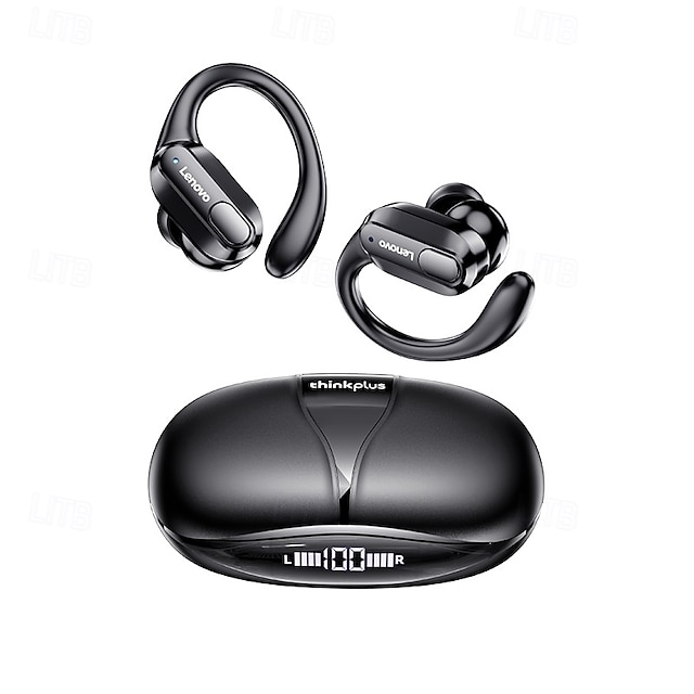  Lenovo ThinkPlus langattomat urheilunappikuulokkeet, Bluetooth 5.3 -kuulokkeet korvakoukuilla, TWS-kuulokkeet LED-digitaalisella akkunäytöllä, sisäänrakennettu mikrofoni, hikoilunkestävät