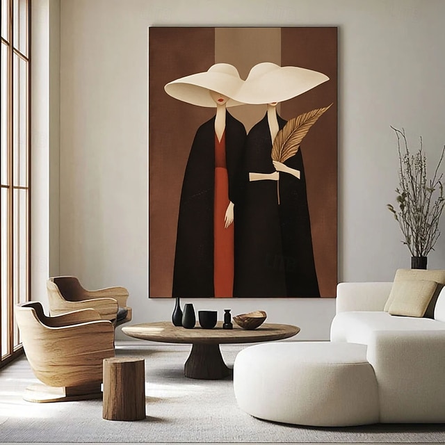 Elegant Abstract Woman in Wide Brim Hat Canvas Modern Fashion Portrait ...