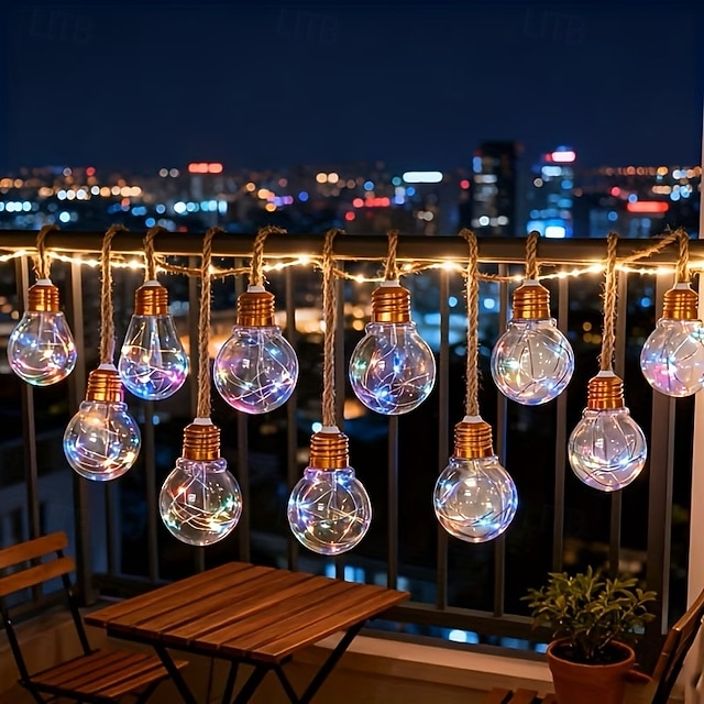 Solar Powered Outdoor String Lights 8m 16 LED Retro Hemp Rope Bulbs ...