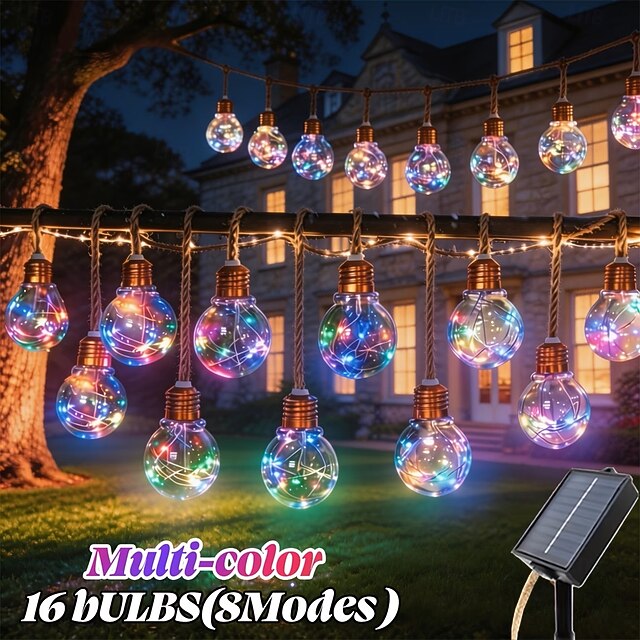 Solar Powered Outdoor String Lights 8m 16 LED Retro Hemp Rope Bulbs ...