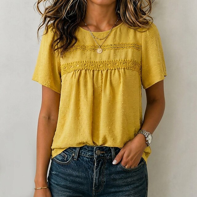 Women's Eyelet Top Texture Patchwork Eyelet Solid Color Elegant ...