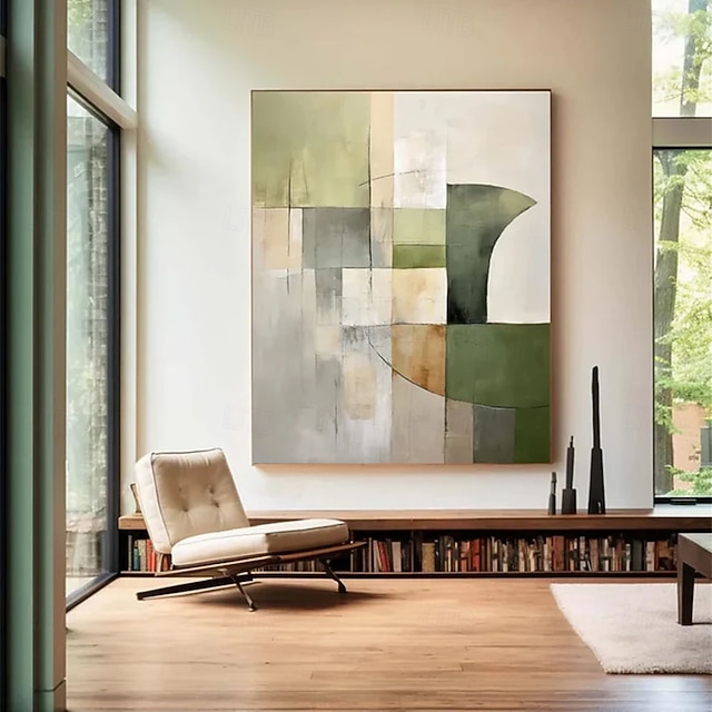 Handmade Green Minimalist Painting Beige Wall Art Green Abstract ...