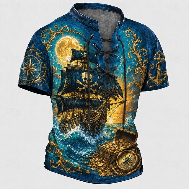 Men's Cool Skulls Sailboat Henley Shirt T shirt Tee Short Sleeve T — free download