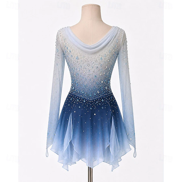 Skaters Welcomesign Figure Skating Dress Women's Ice Skating Dress Blue Patchwork Thumbhole ...