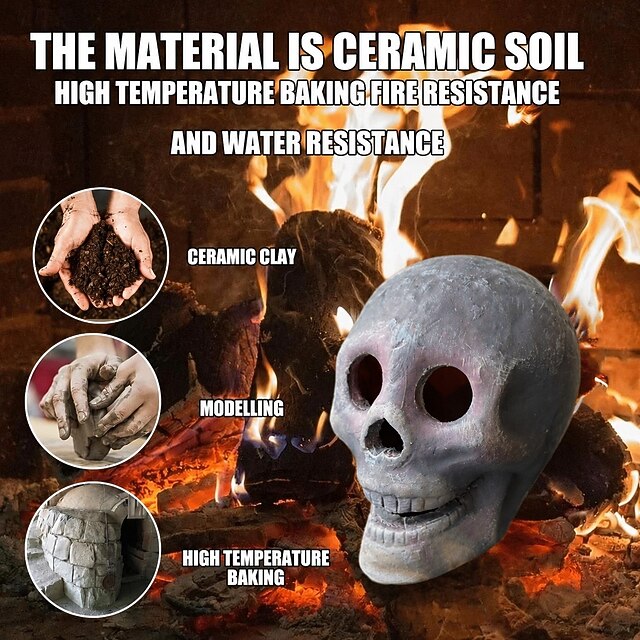 1pc Halloween Ceramic Fireproof Fire Pit Skull, Burning Skeleton Head ...