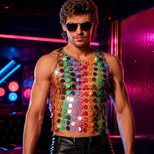 Retro Vintage Disco 1980s Tank Top Sleeveless Disco Sequins Shiny Fancy Dress Carnival Costume Halloween Carnival Party Nightclub