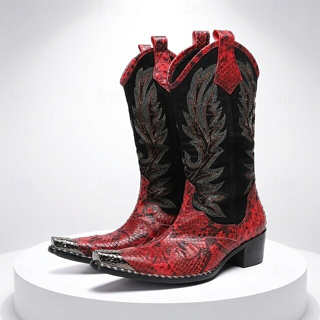  męskie czerwone haftowane kowbojskie buty – zabytkowe, westernowe buty do jazdy konnej, designerskie obuwie na rodeo, koncerty country, festiwale muzyczne i występy sceniczne
