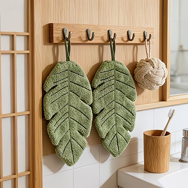  Lot de 2 serviettes de toilette en feuille de bananier, douces et suspendues en polaire corail, ultra-absorbantes et à séchage rapide, idéales pour la cuisine, la salle de bain, les toilettes, le