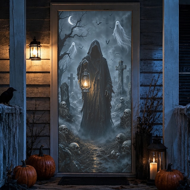 Halloween Door Cover Grim Reaper Holding Lantern in Haunted Graveyard ...