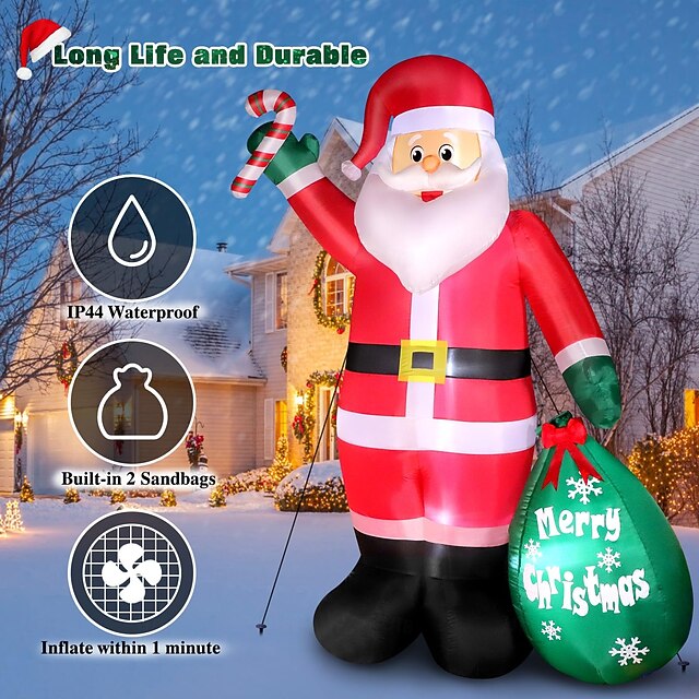 8FT Christmas Inflatables Santa Claus Candy Big GIft Bag Outdoor Decor ...