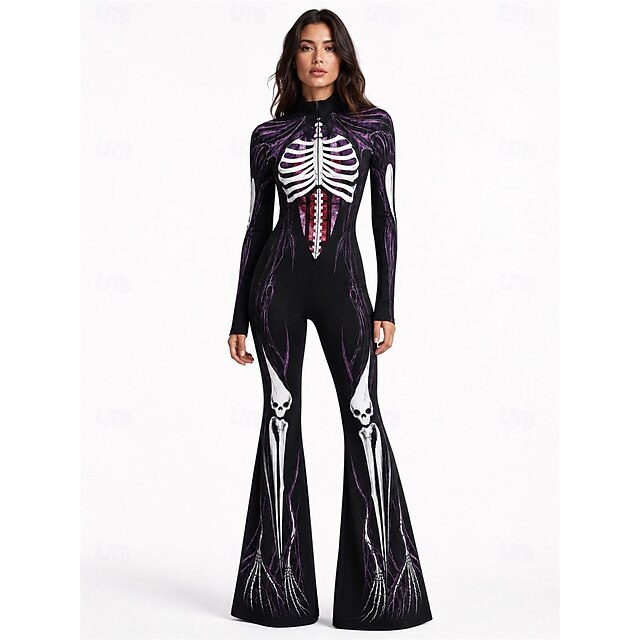 Halloween Bodysuit Jumpsuit Flared Trousers Full Body Skeleton Skeleton ...