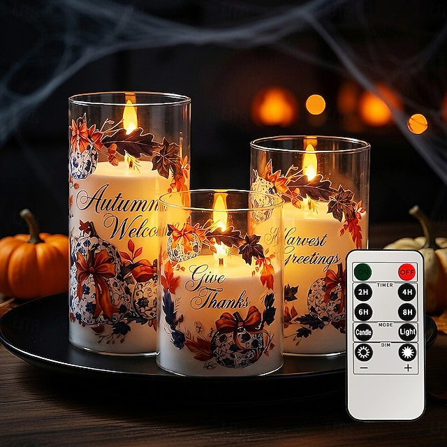 3 Pcs Flameless LED Candles with Remote, Halloween Pumpkin Maple Leaf ...