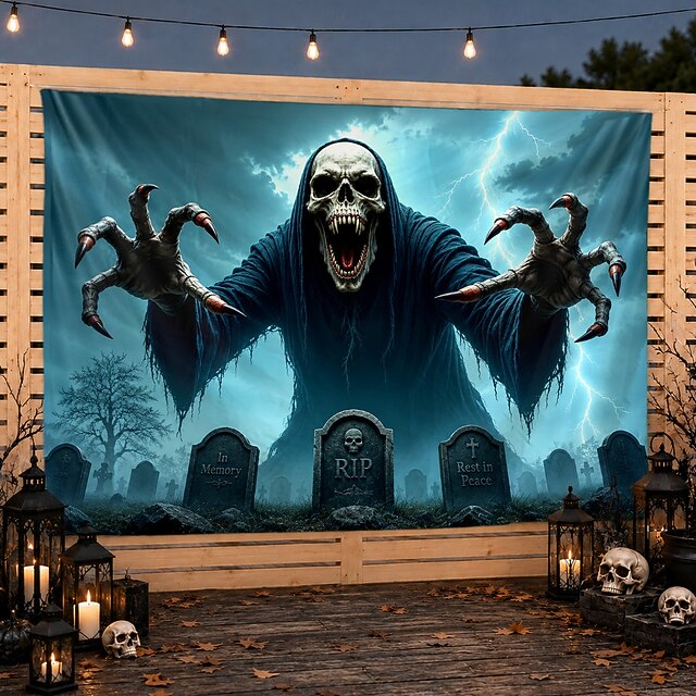 Halloween Backdrop Grim Reaper Graveyard Tapestry Scary Skull Monster ...