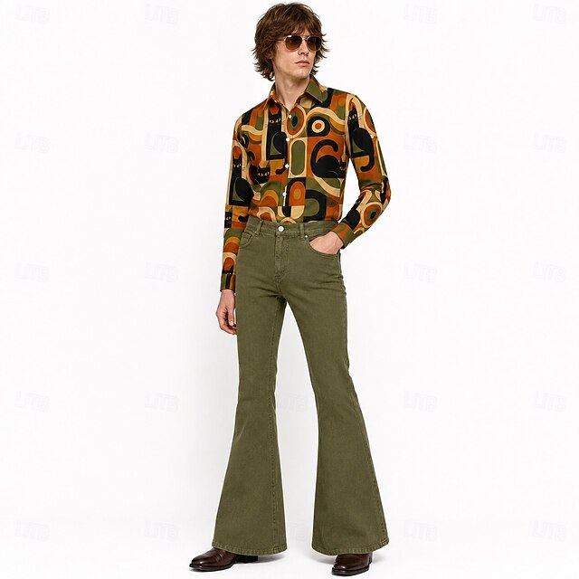 Set Retro Vintage Hippie 1970s Pants Shirt Flared Trousers Long Sleeves ...