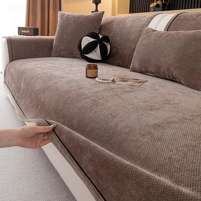Solid Color Chenille Pet-Friendly Non-Slip Sofa Covers, Sectional Sofa ...