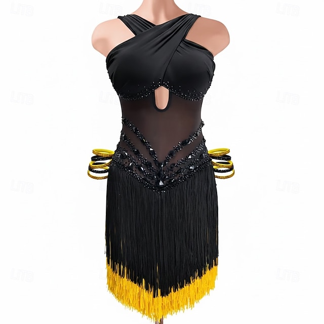 Black Rhinestone Latin Dance Dress For Women Gold Fringe Samba Costume black-rhinestone-latin-dance-dress-for-women-gold-fringe-samba-costume