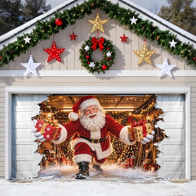 Christmas Garage Door Cover, Santa Claus Breaking Through Garage Wall