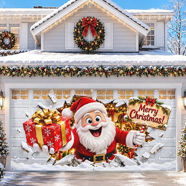 Christmas Garage Door Cover, Santa Breaking Through Gift Garage Design