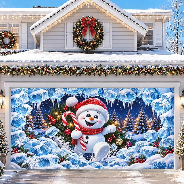 Christmas Garage Door Cover, Snowman Breaking Through Icy Snow Wall
