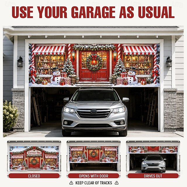 Christmas Garage Door Cover, Red Holiday Shopfront Design, Festive
