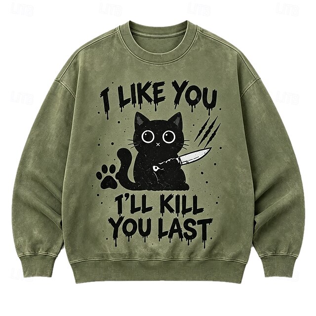 Men's Cat Text Sweatshirt Funny Crew Neck Home Outdoor Army Green ...