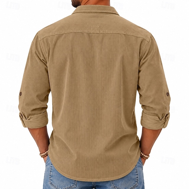Hommes Chemise Chemise Décontractée Chemise en velours côtelé Chemise Boutonnée bleu marine Kaki Vert Véronèse Gris manche longue Uni Col Rabattu Occasionnel Extérieur Poches multiples Vêtement Tenue