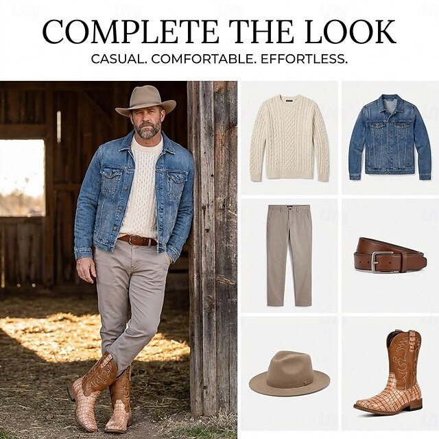 Men's Tan Woven-Texture Cowboy Boots, Square Toe Embroidered Western ...