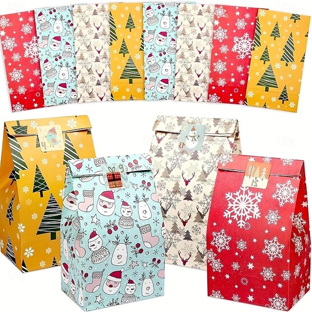 24/48PCS Christmas Gift Bags with Stickers, 8 Assorted Designs ...
