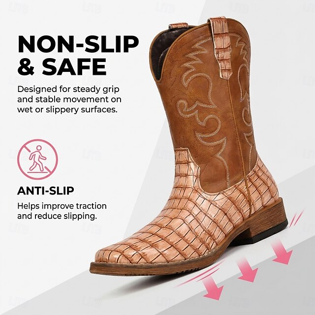 Men's Tan Woven-Texture Cowboy Boots, Square Toe Embroidered Western ...