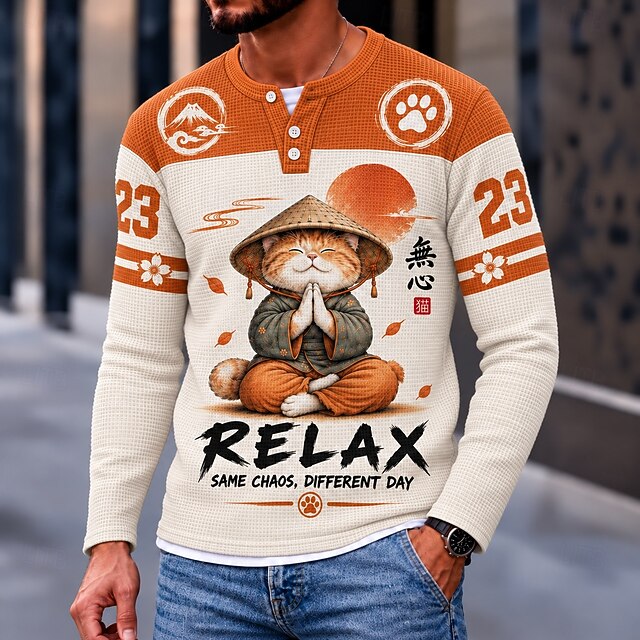 Men's Letter & Number Chinese character Waffle Henley Shirt Casual ...