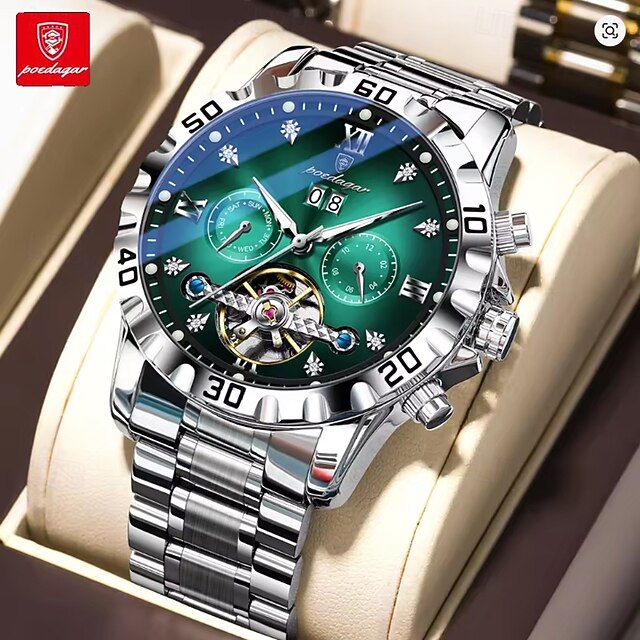 POEDAGAR Men's Ice Blue Dial Analog Watch, Silver Tone Stainless Steel ...