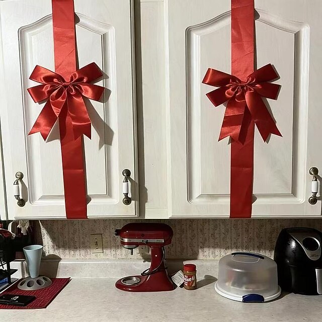 Large Size Polyester Wine Red Velvet Christmas Cabinet Door Bow and ...